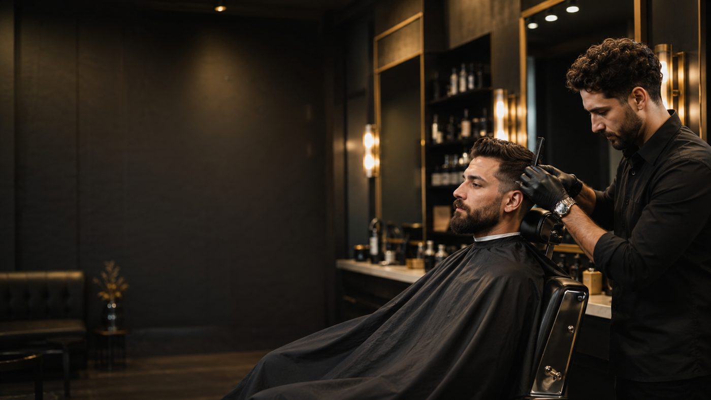 A barber and client in a premium London barbershop